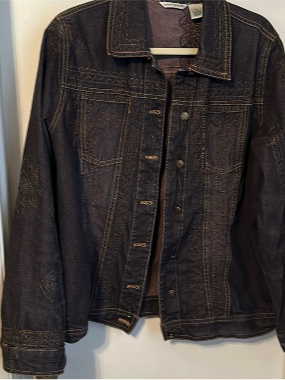 Laura Ashley Dark Brown Embroidered Denim Jacket Size XL